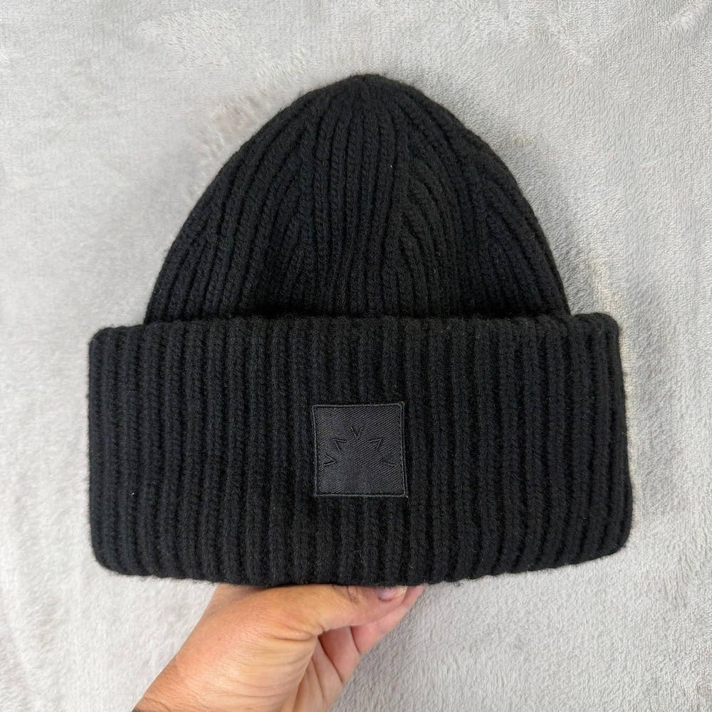 Varley Black Cresta Rib Knit Beanie Hat Tonal Logo Patch Winter Cap One Size